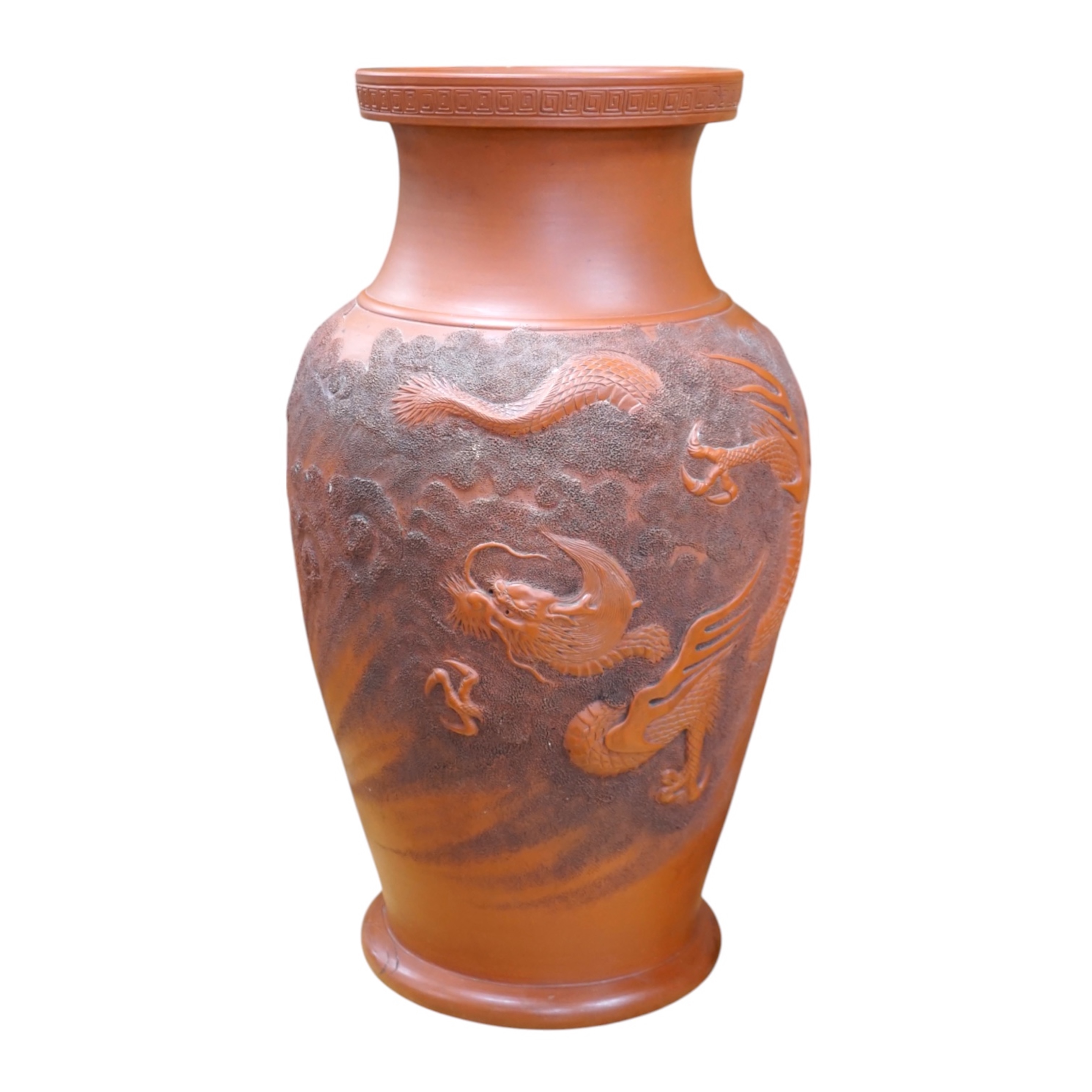 A large Japanese terracotta dragon decorated vase, 50cm high. Condition - hole drilled to base